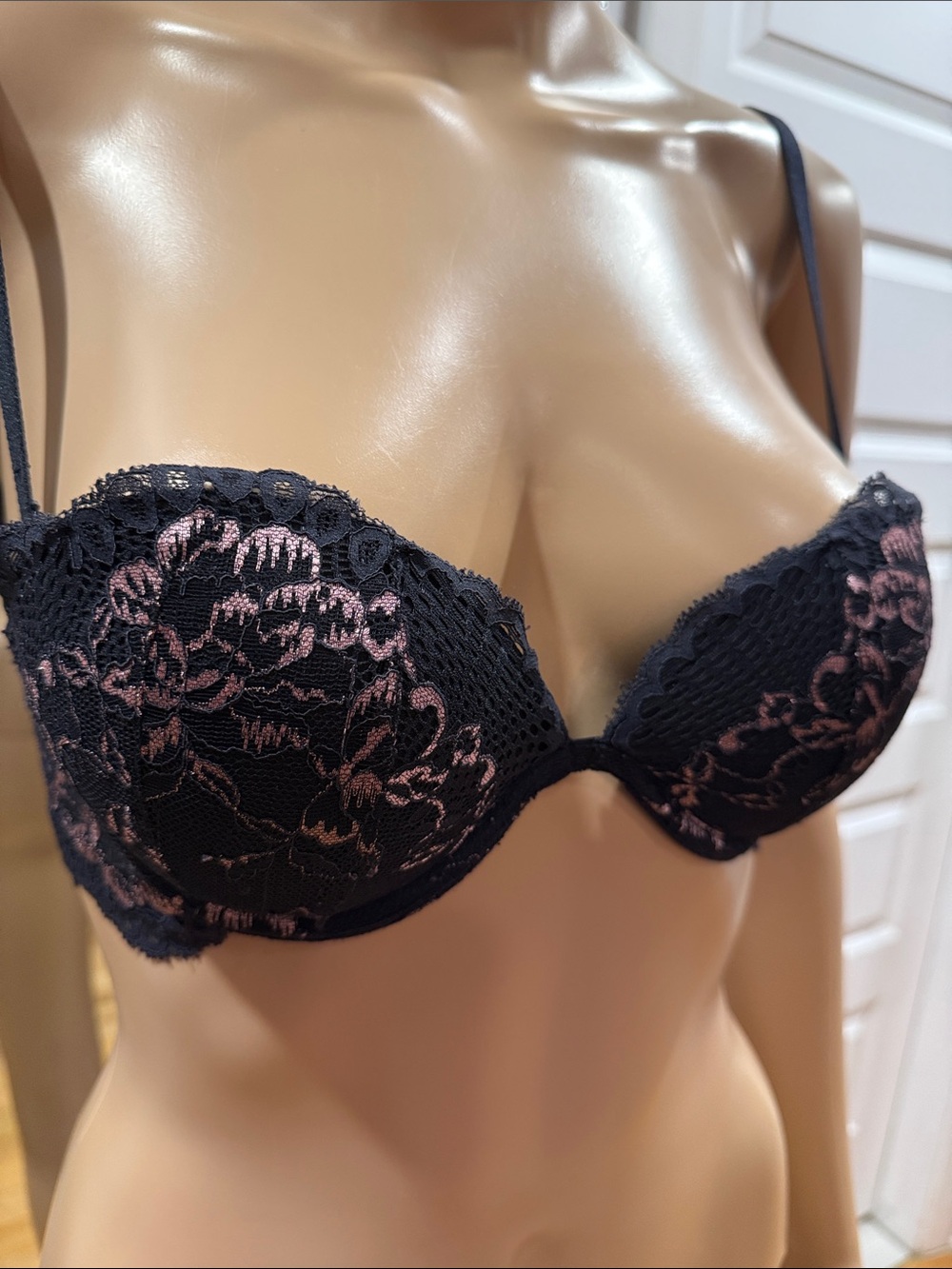 La SENZA Black Lace Push-Up Bra with Pink Floral Detail
